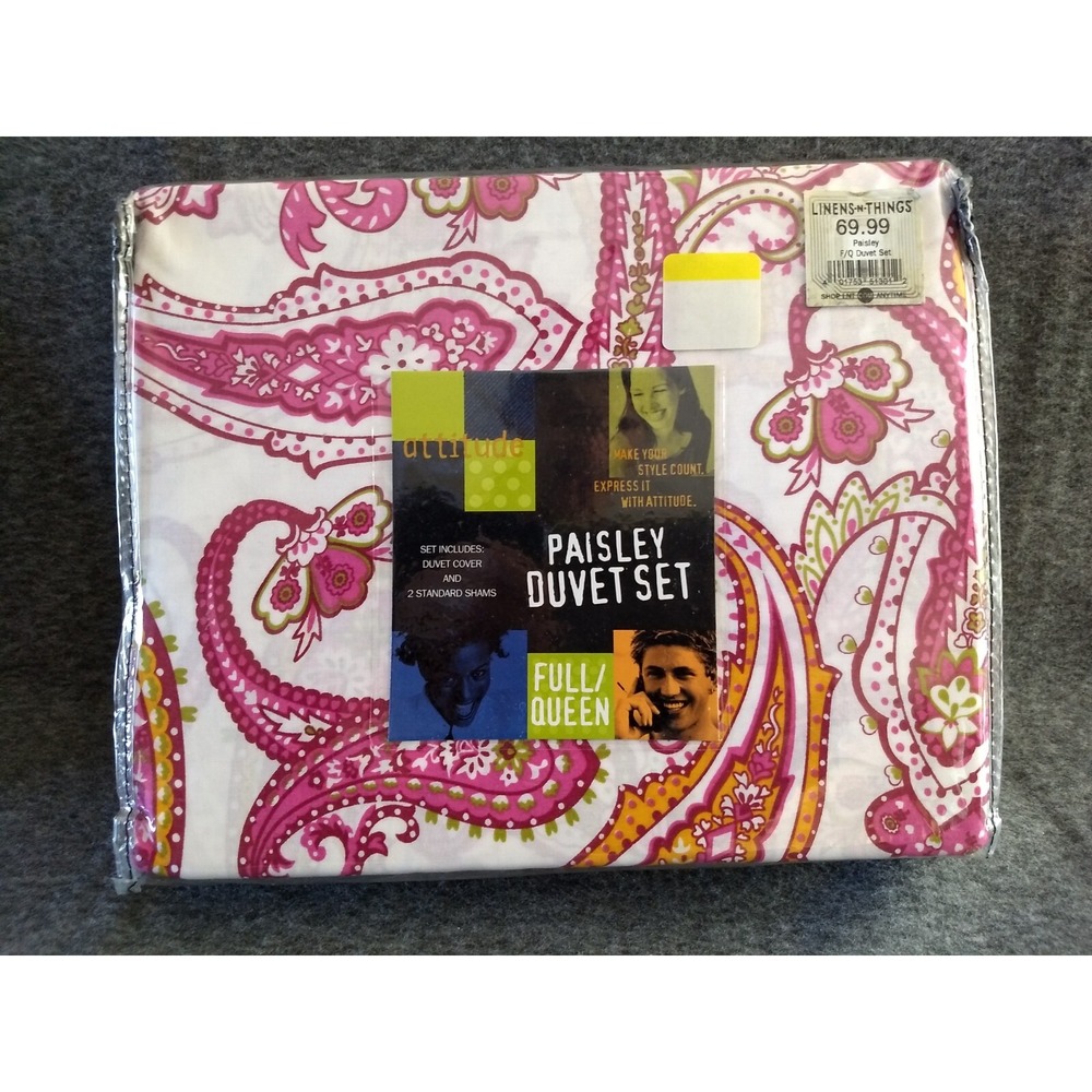 Attitude Paisley Duvet Cover & Shams Set Full‎ Queen 100% Cotton Pink White NIP